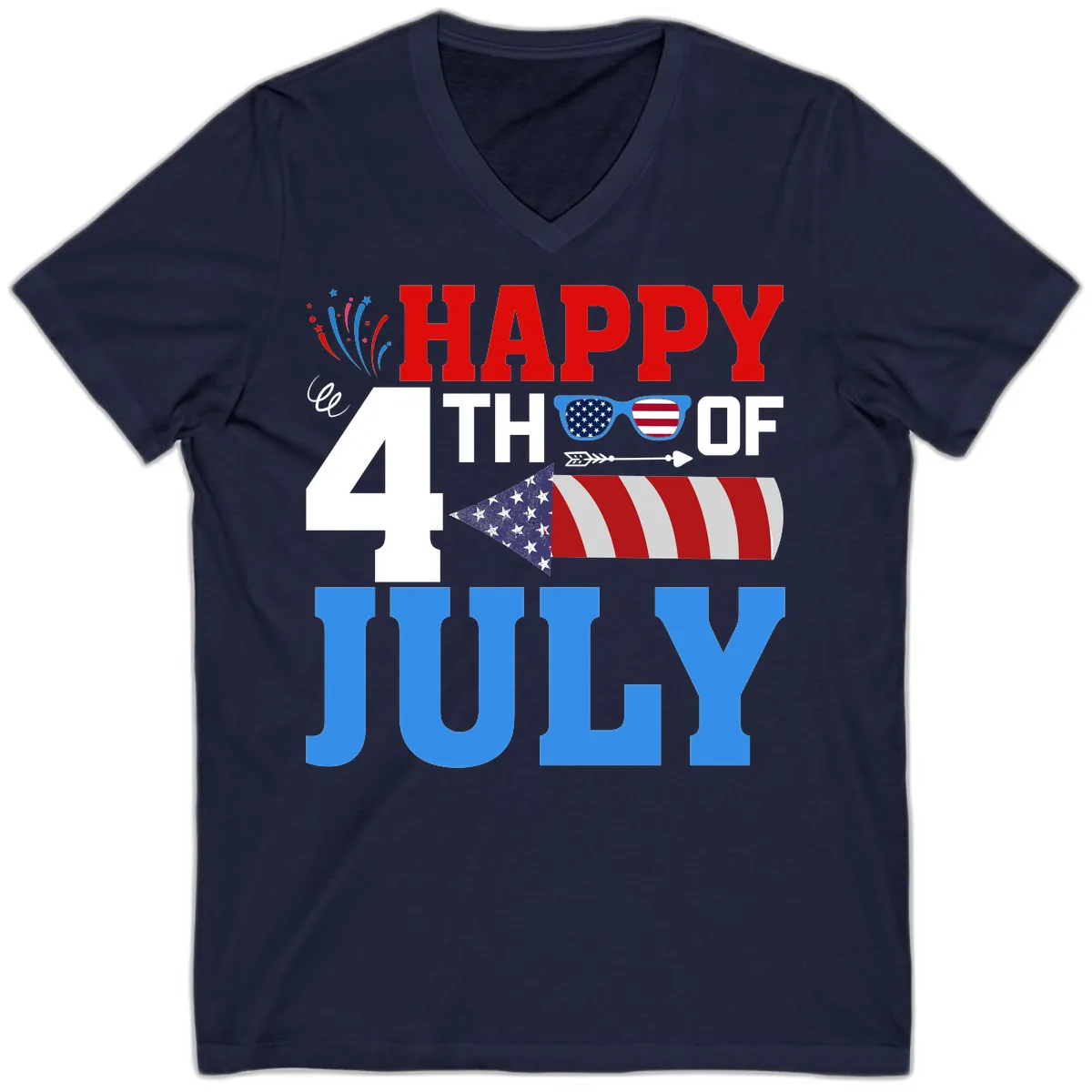Happy 4th of July Celebration Fireworks V-Neck in Navy