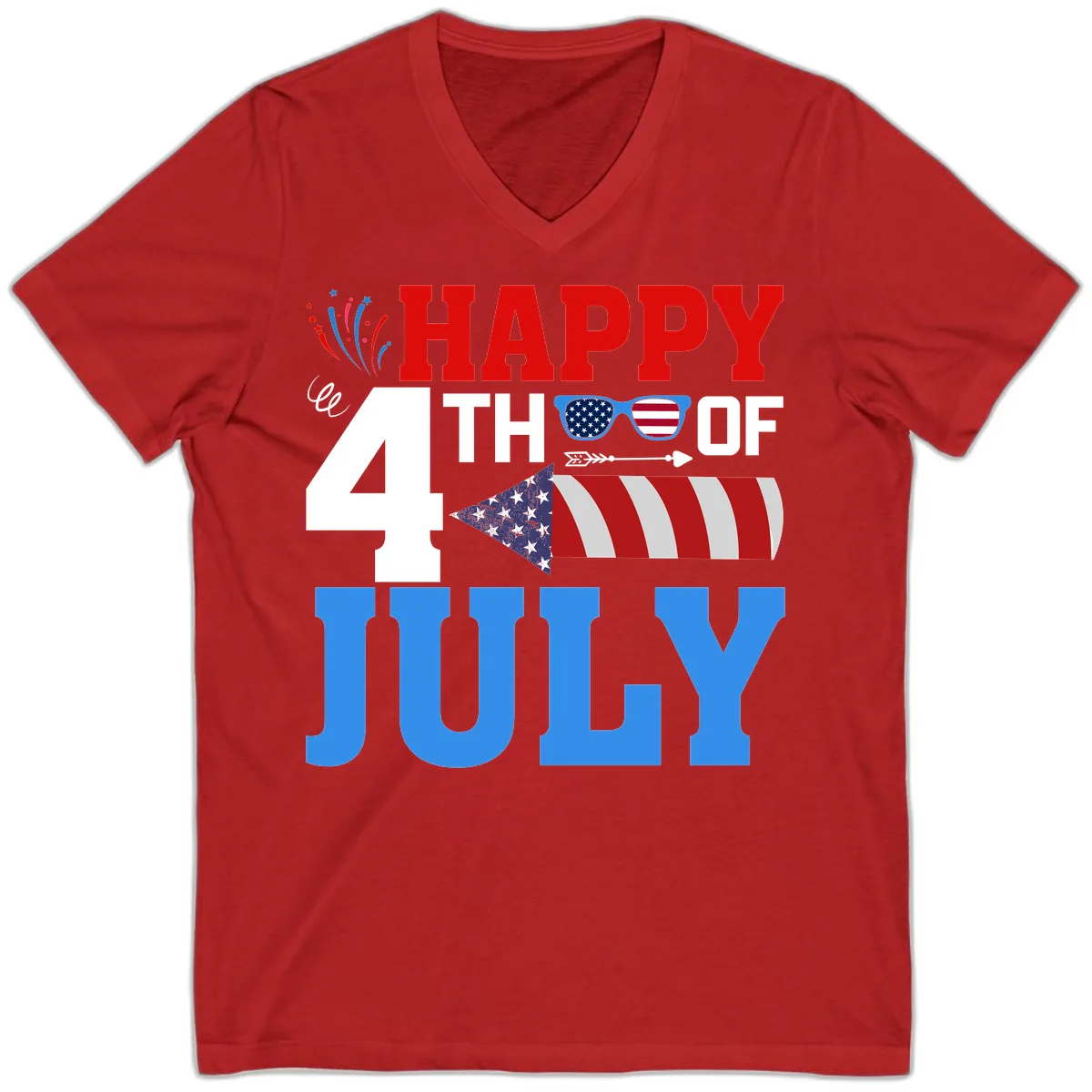 Happy 4th of July Celebration Fireworks V-Neck in Red