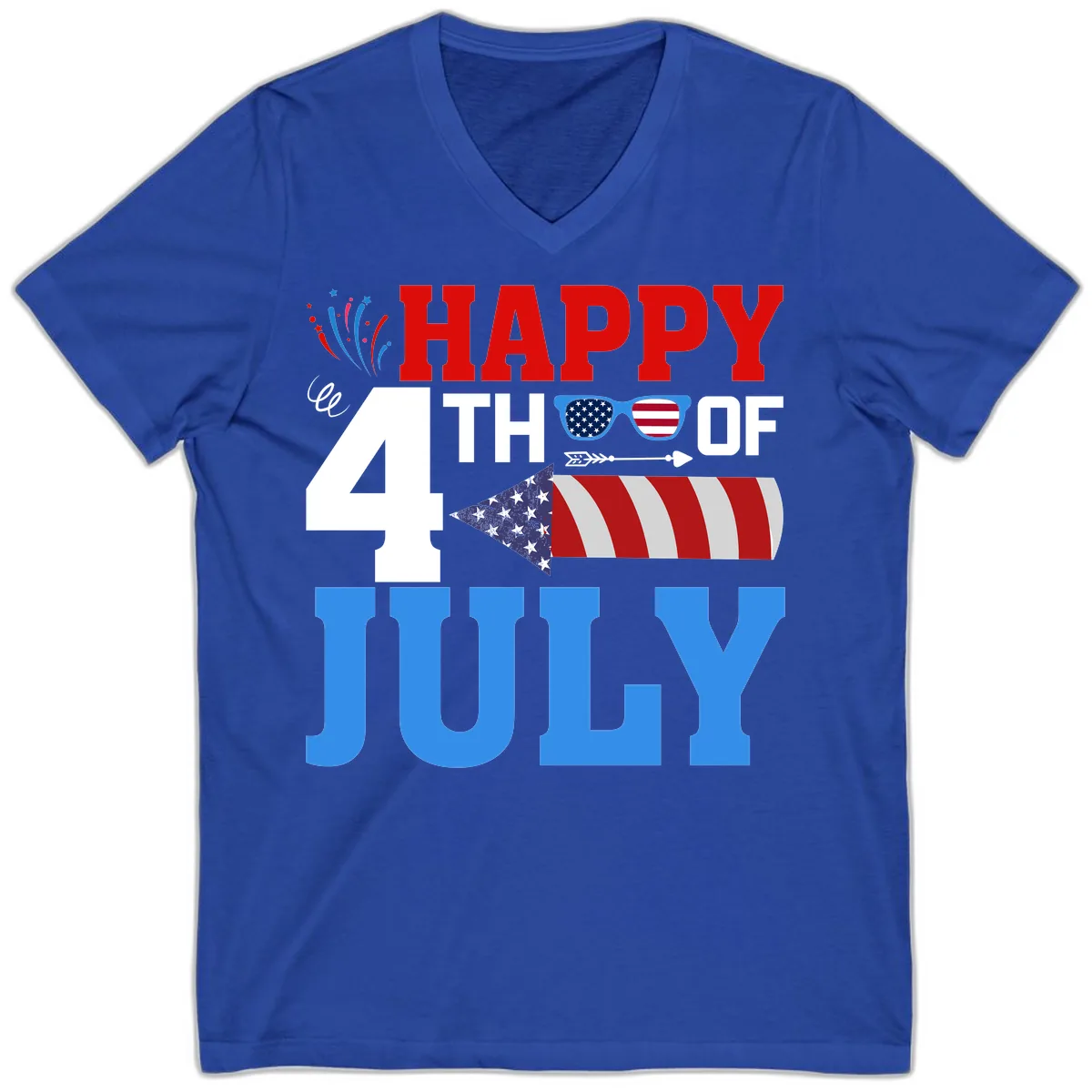 Happy 4th of July Celebration Fireworks V-Neck in True Royal
