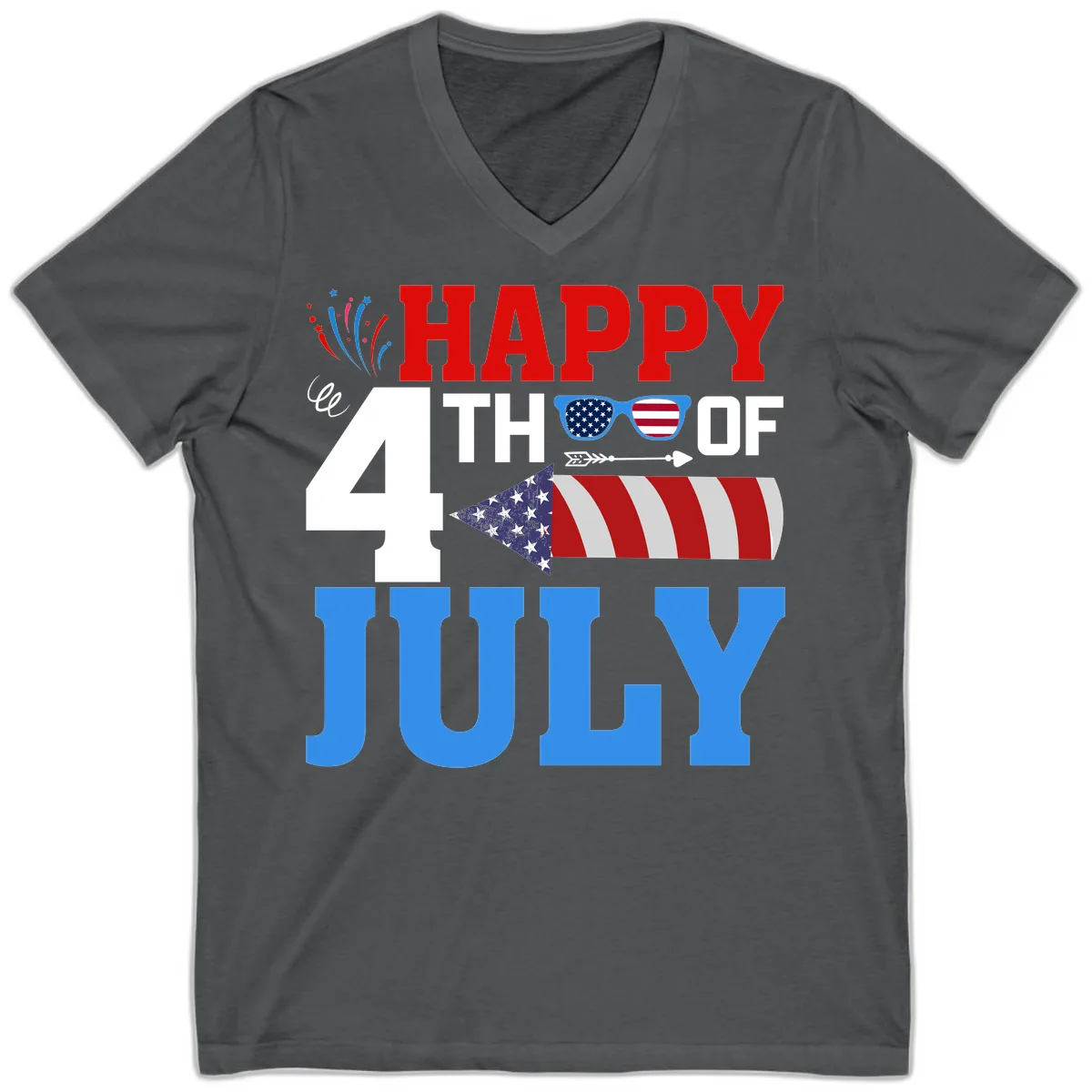Happy 4th of July Celebration Fireworks V-Neck in Asphalt