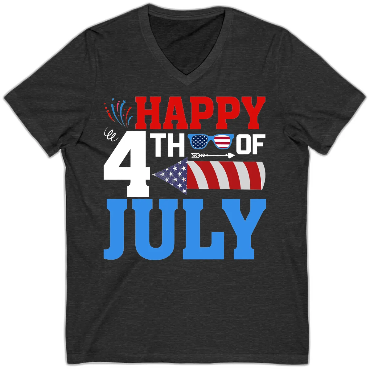 Happy 4th of July Celebration Fireworks V-Neck in Dark Grey Heather