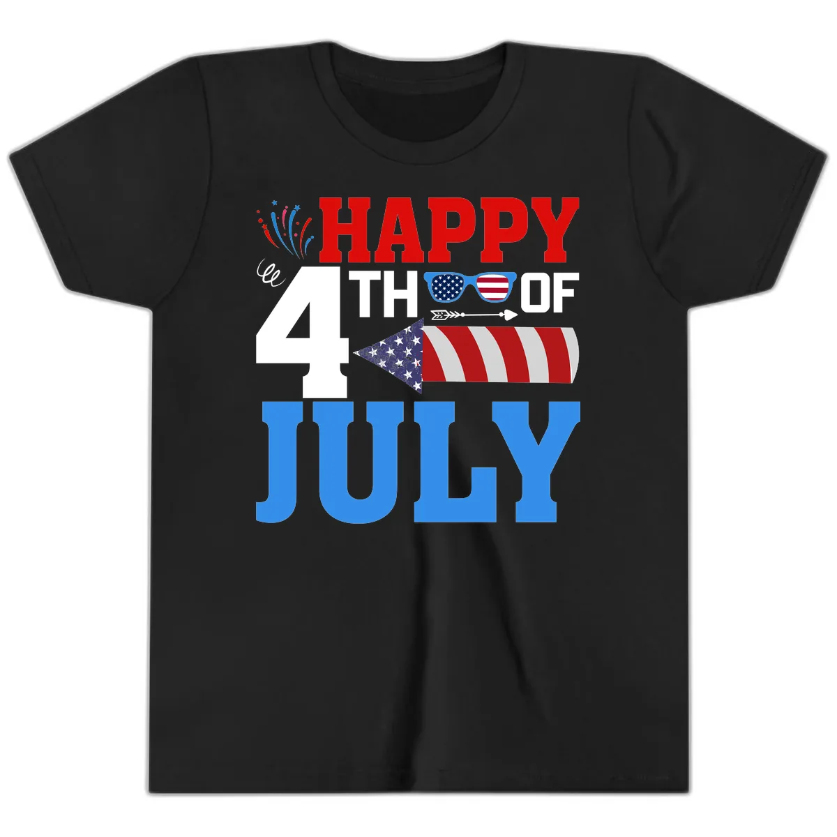 Happy 4th of July Celebration Fireworks Youth T-Shirt in Black
