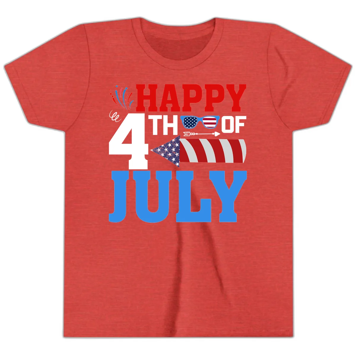 Happy 4th of July Celebration Fireworks Youth T-Shirt in Heather Red