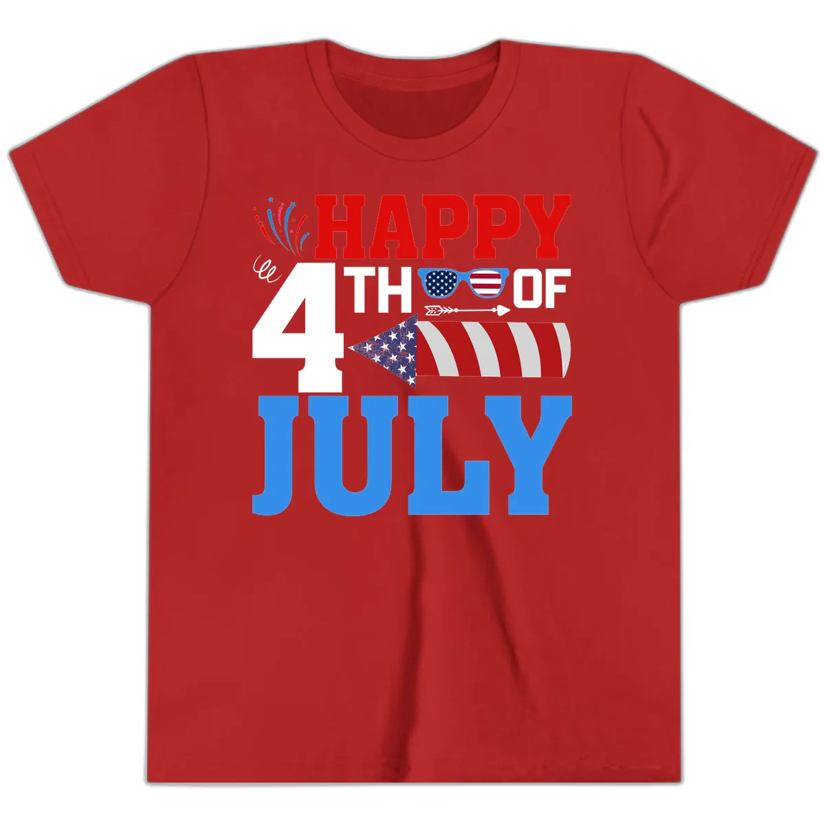 Happy 4th of July Celebration Fireworks Youth T-Shirt in Red