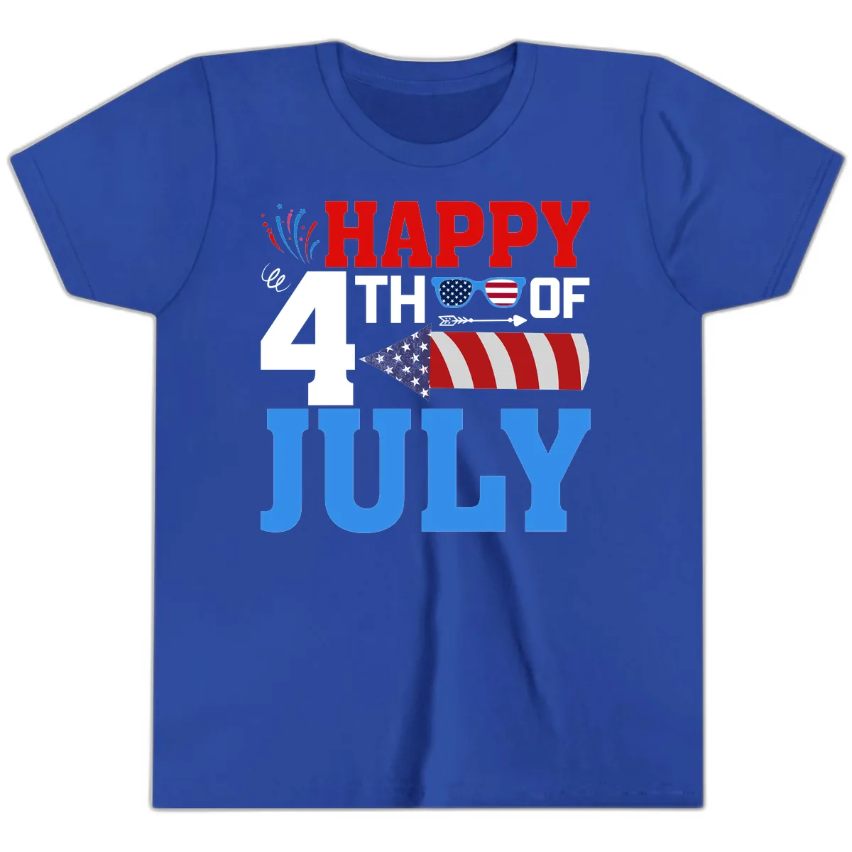 Happy 4th of July Celebration Fireworks Youth T-Shirt in True Royal