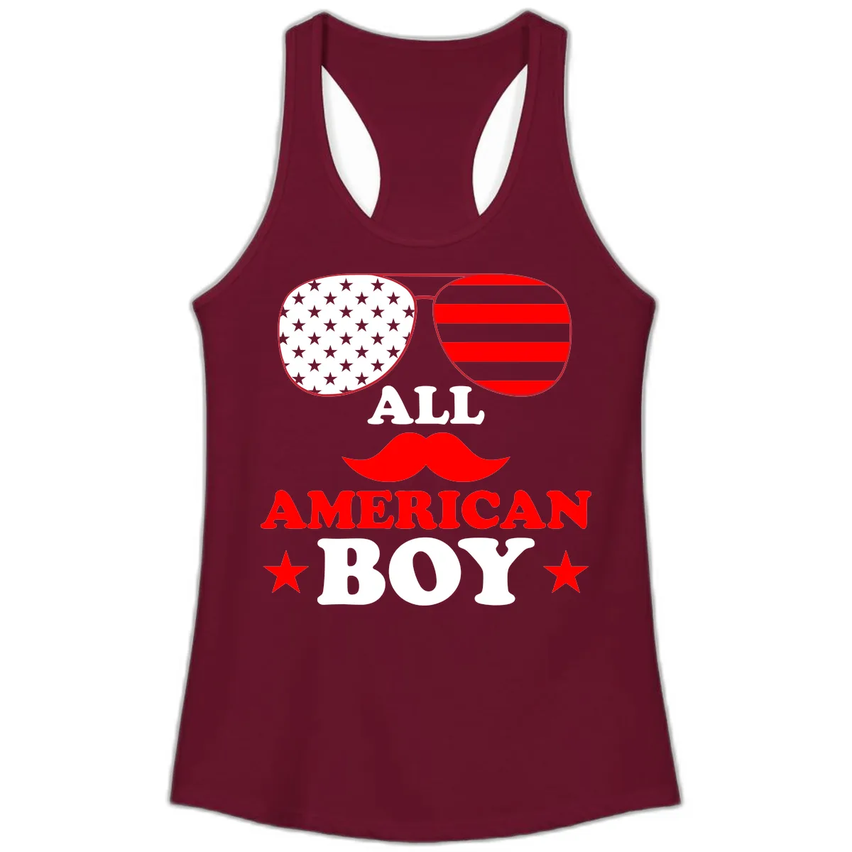 All American Boy Patriotic Aviator Design Ladies Tank in Solid Cardinal Red