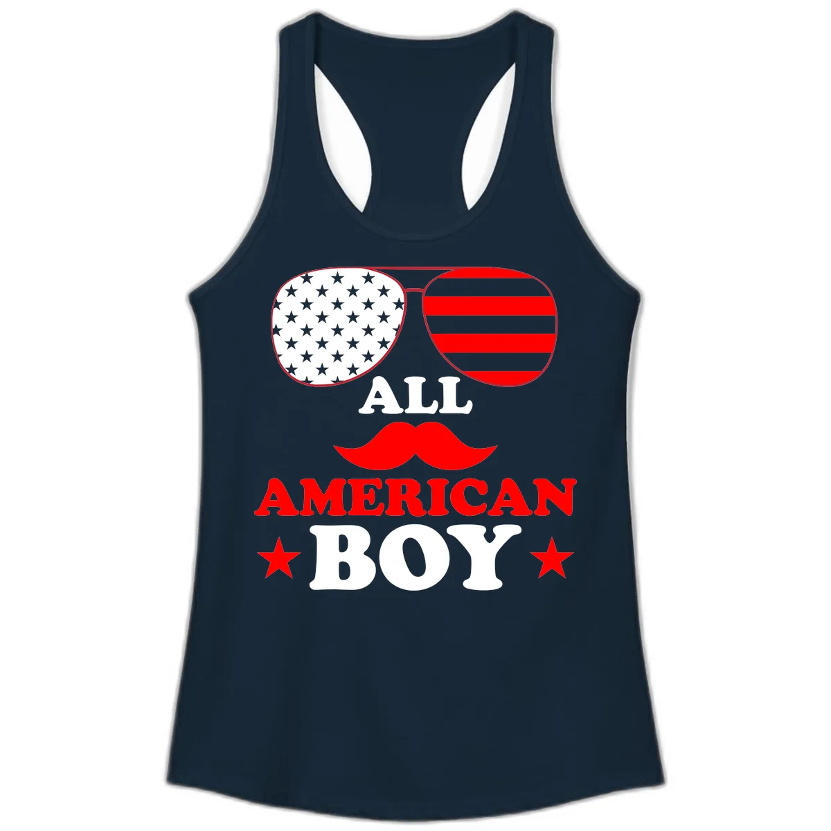 All American Boy Patriotic Aviator Design Ladies Tank in Solid Midnight Navy