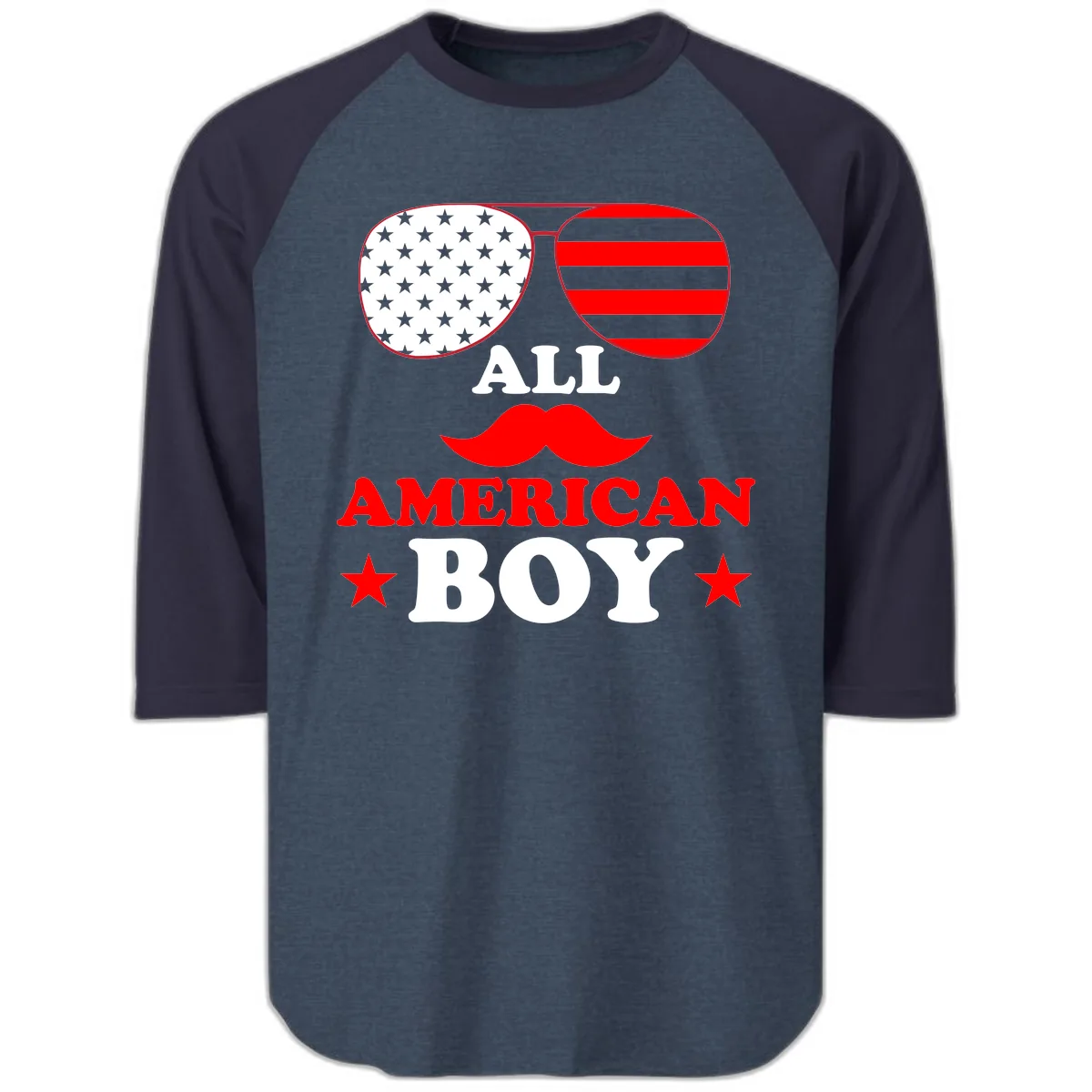 All American Boy Patriotic Aviator Design Raglan 3/4 in Heather Denim Navy