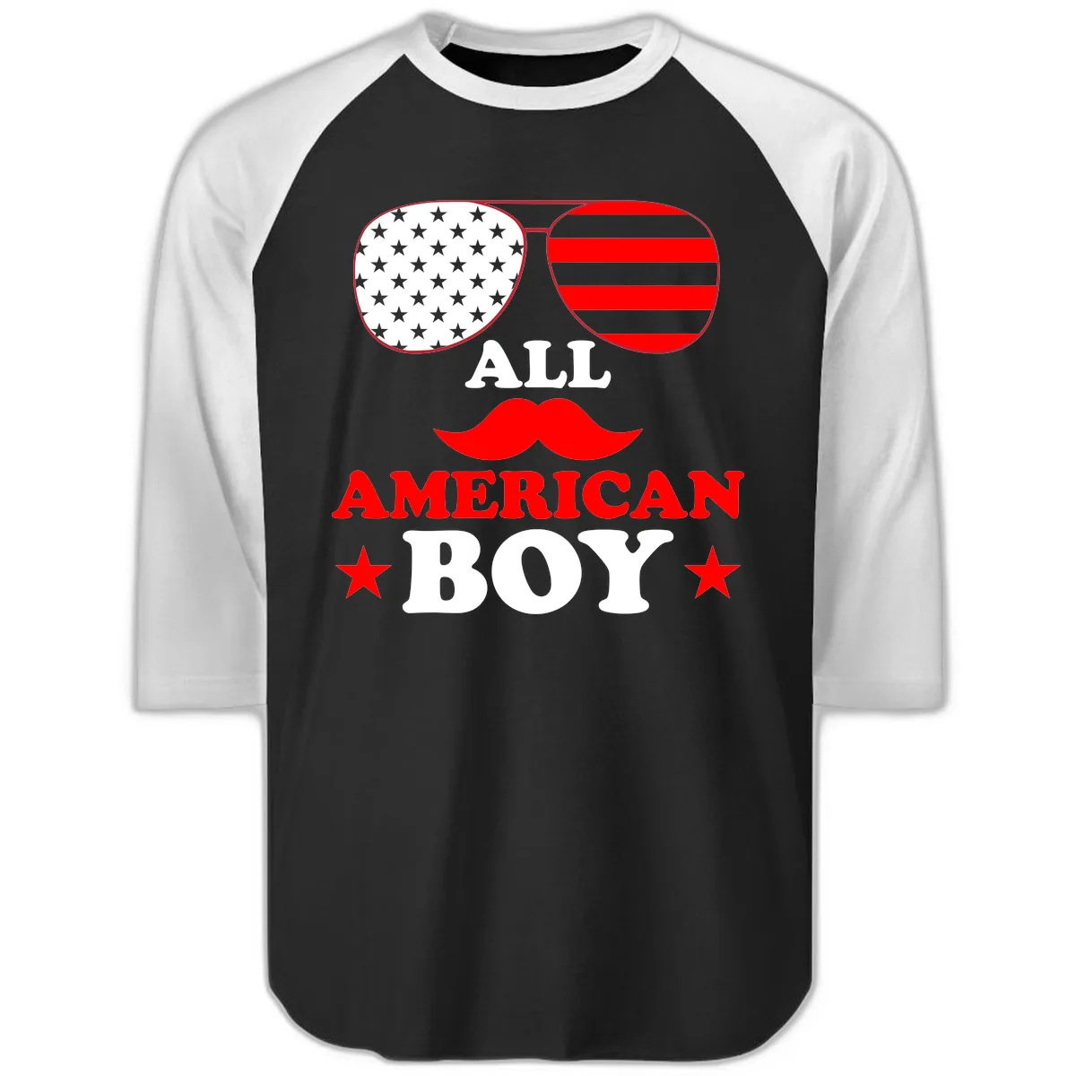 All American Boy Patriotic Aviator Design Raglan 3/4 in Black White