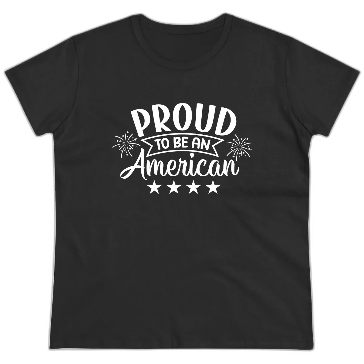 Proud To Be An American Fireworks Stars Ladies Tee in Black