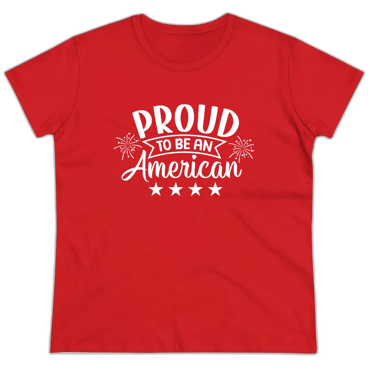 Proud To Be An American Fireworks Stars Ladies Tee in Red