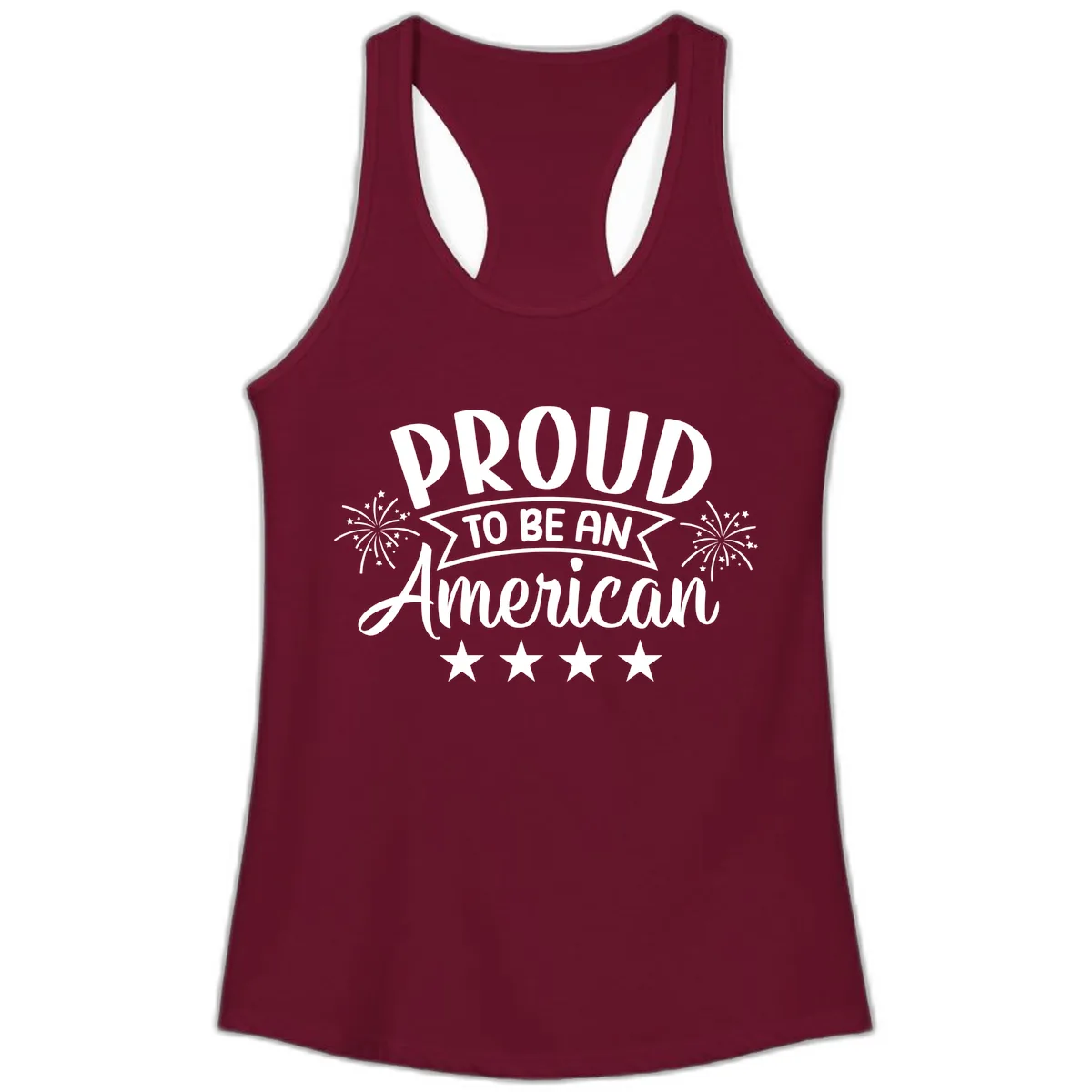 Proud To Be An American Fireworks Stars Ladies Tank in Solid Cardinal Red