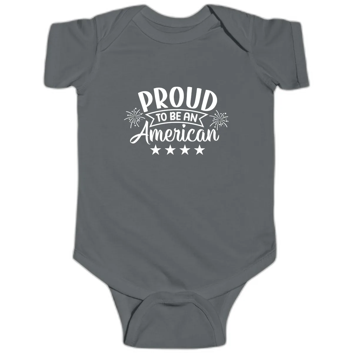 Proud To Be An American Fireworks Stars Baby Onesie in Charcoal