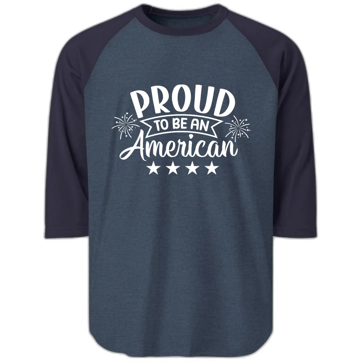 Proud To Be An American Fireworks Stars Raglan 3/4 in Heather Denim Navy