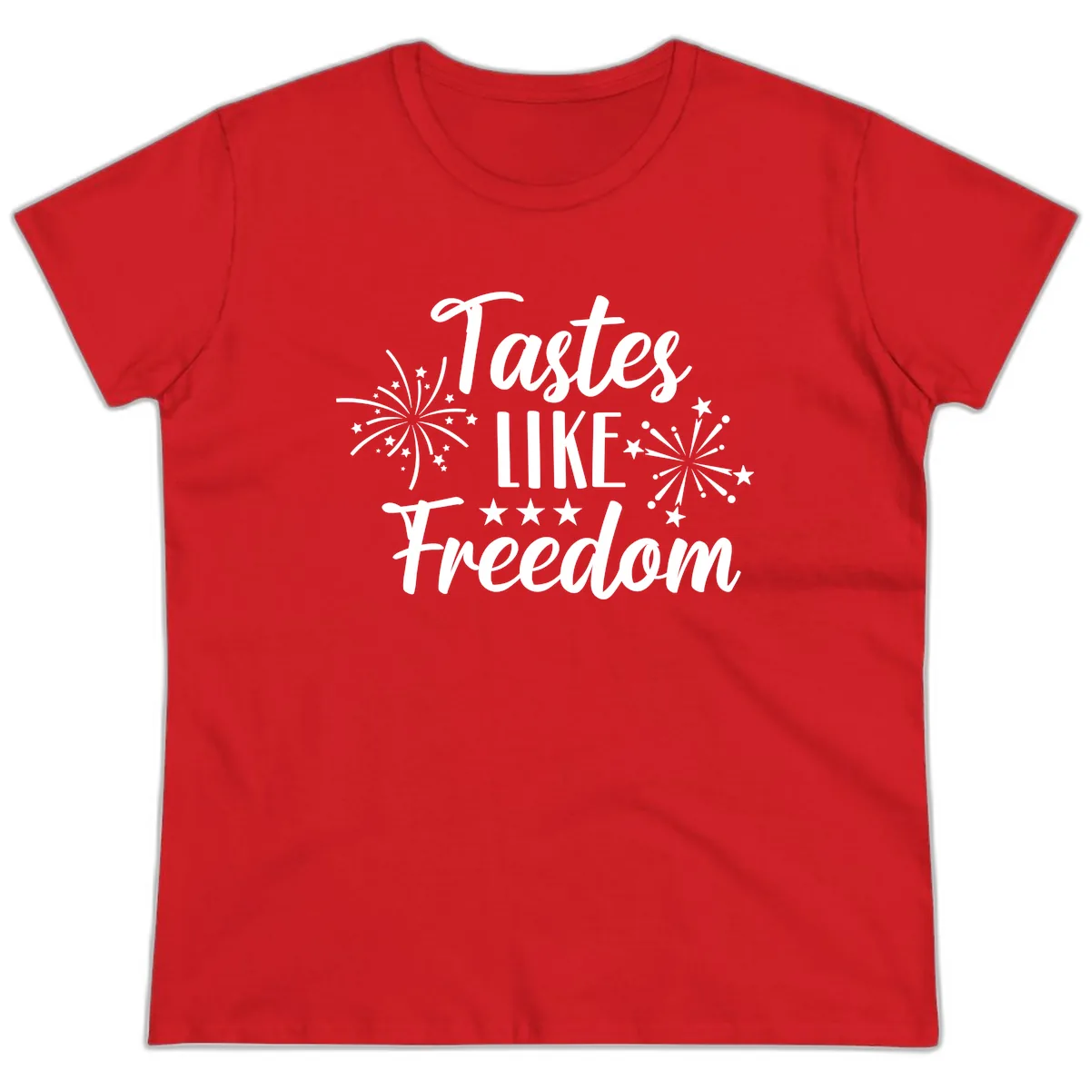 Tastes Like Freedom Fireworks Design Ladies Tee in Red