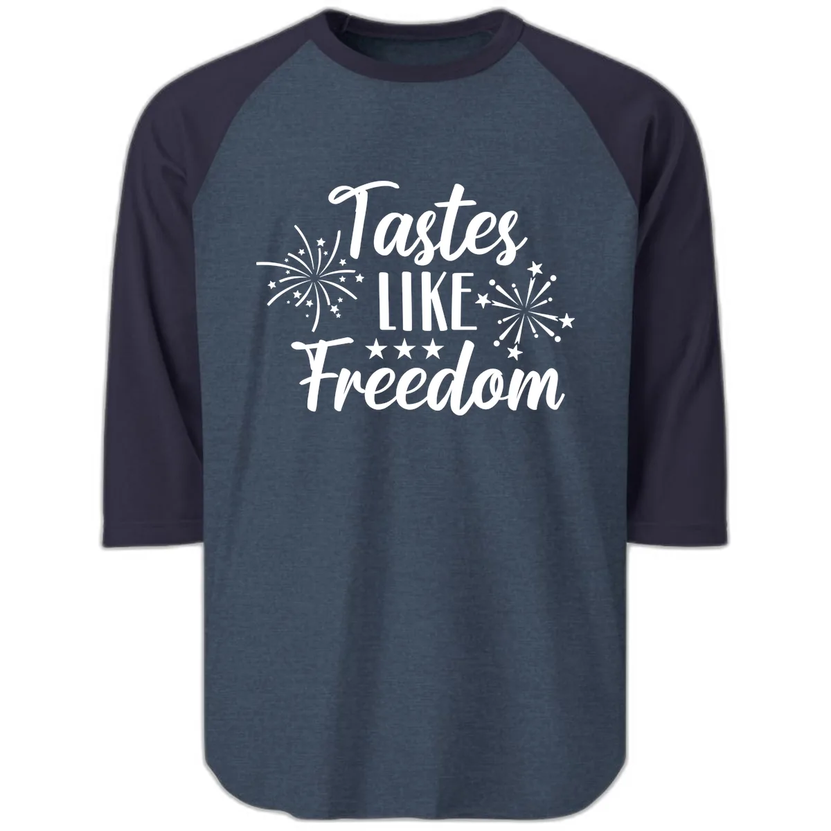 Tastes Like Freedom Fireworks Design Raglan 3/4 in Heather Denim Navy