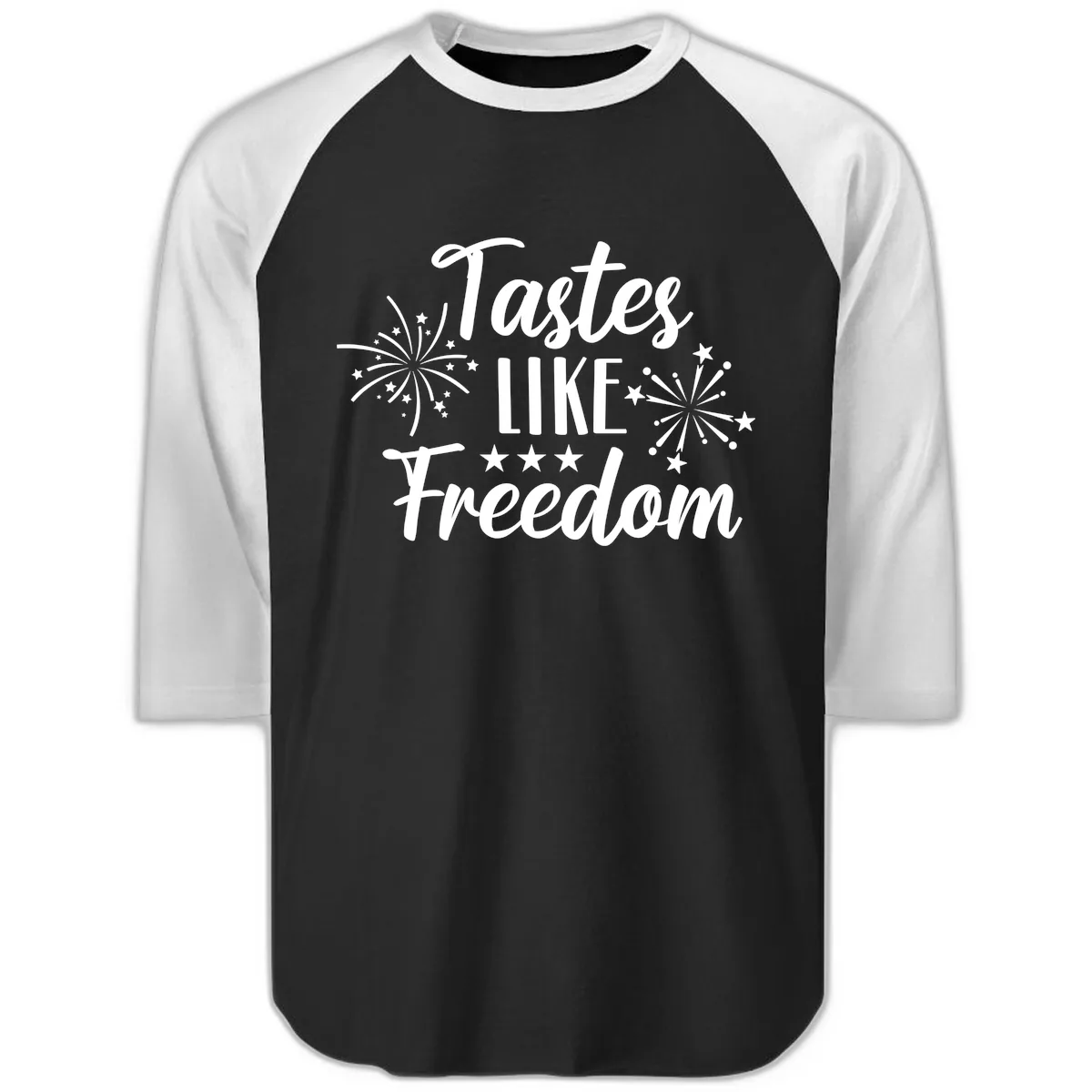 Tastes Like Freedom Fireworks Design Raglan 3/4 in Black White