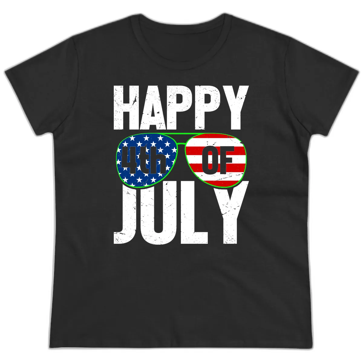 Happy Fourth Of July Sunglasses Flag Ladies Tee in Black