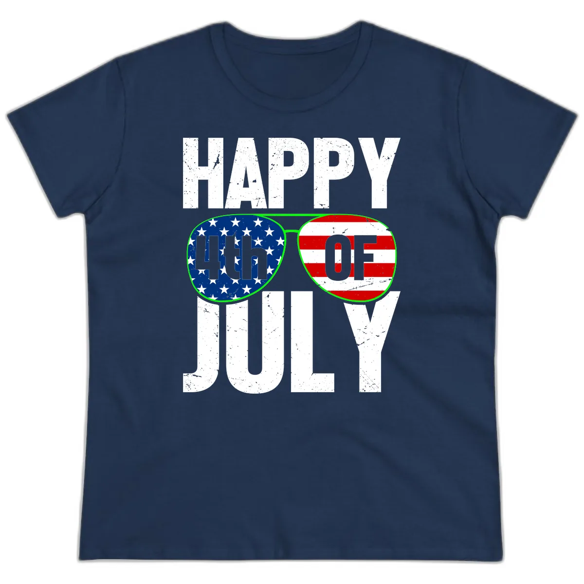 Happy Fourth Of July Sunglasses Flag Ladies Tee in Navy