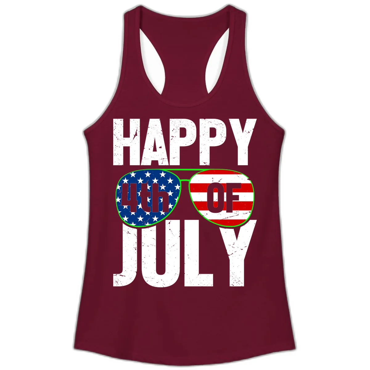 Happy Fourth Of July Sunglasses Flag Ladies Tank in Solid Cardinal Red