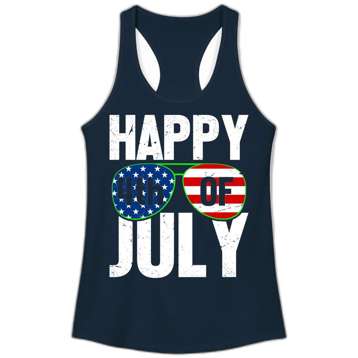 Happy Fourth Of July Sunglasses Flag Ladies Tank in Solid Midnight Navy