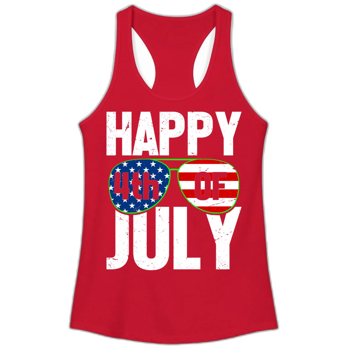 Happy Fourth Of July Sunglasses Flag Ladies Tank in Solid Red