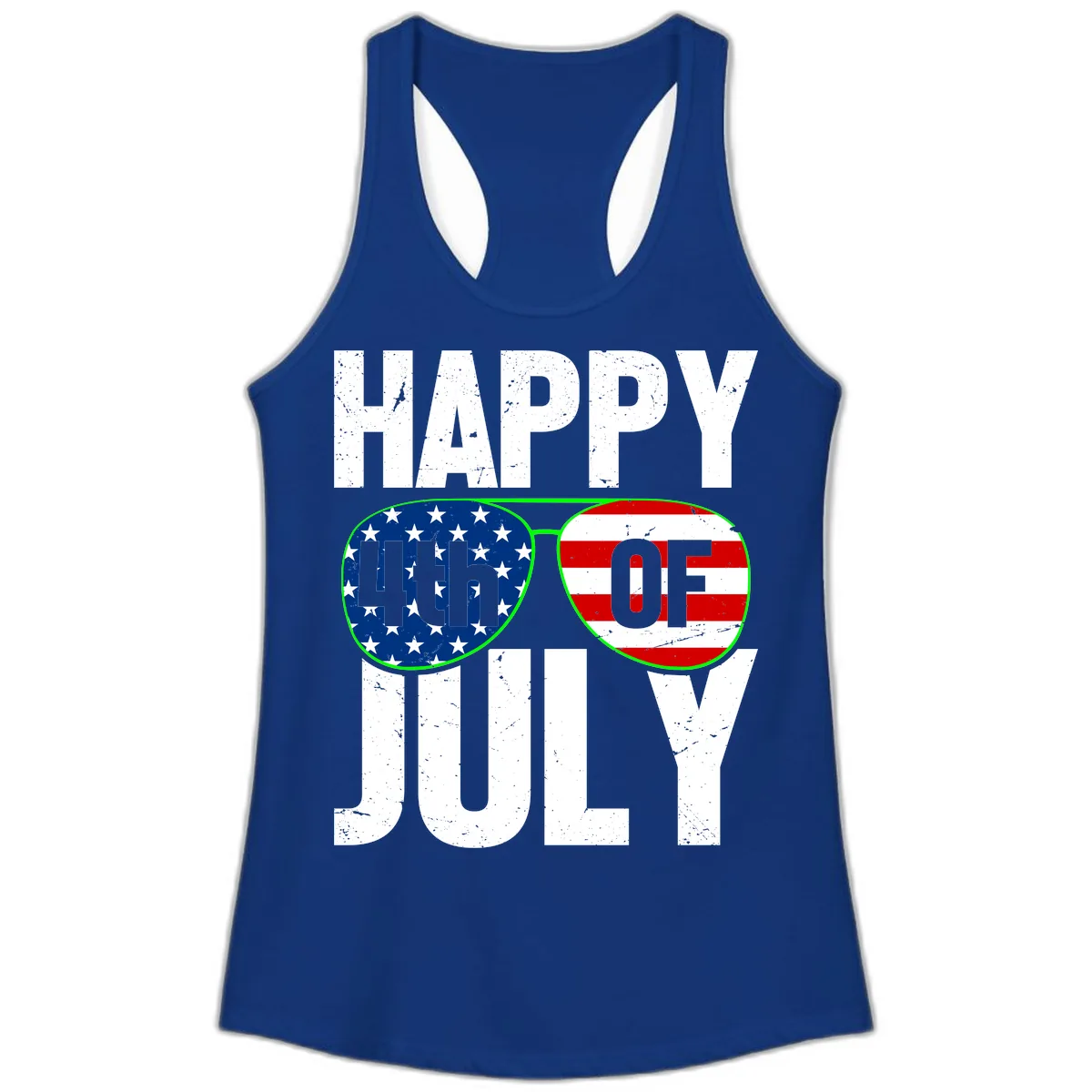 Happy Fourth Of July Sunglasses Flag Ladies Tank in Solid Royal