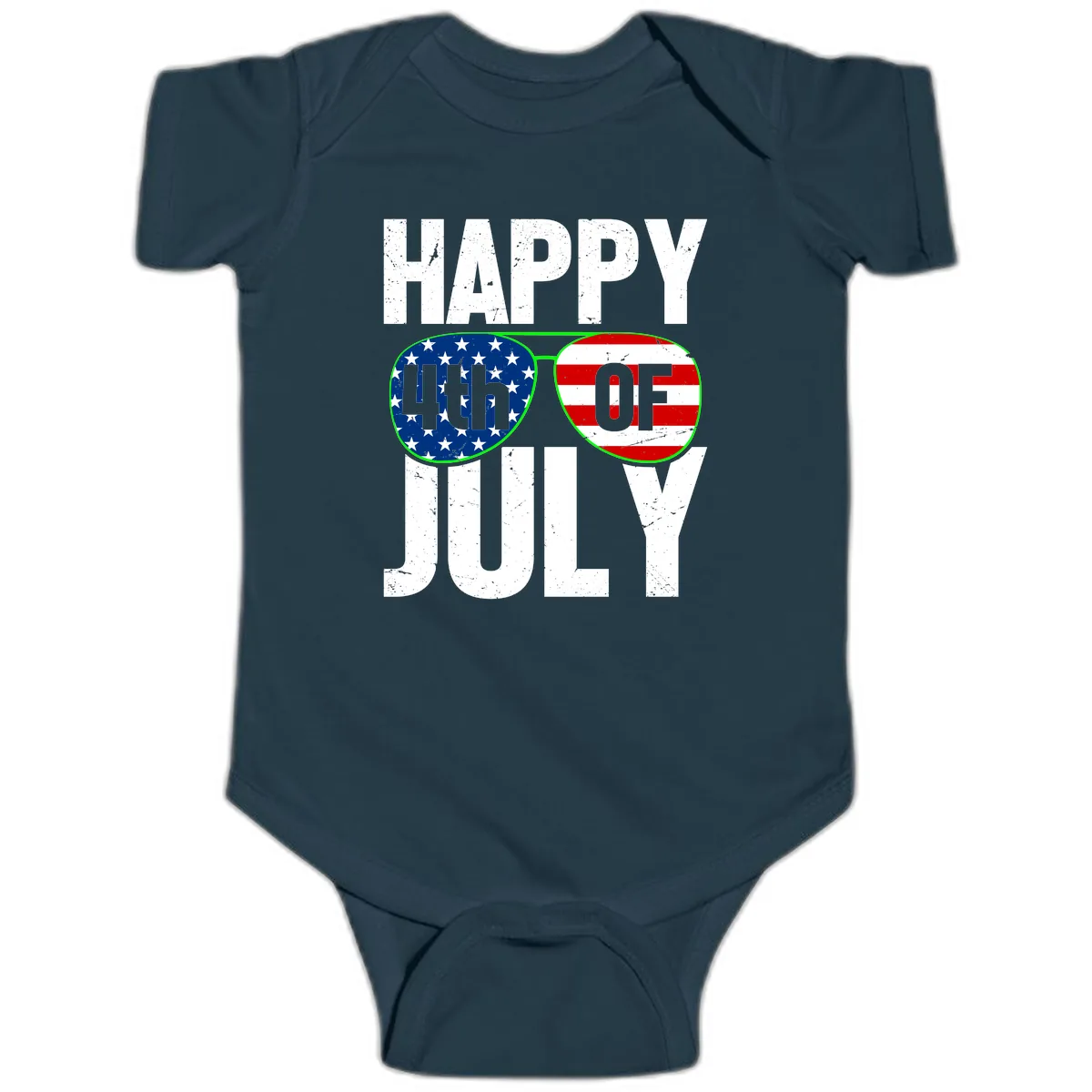 Happy Fourth Of July Sunglasses Flag Baby Onesie in Navy