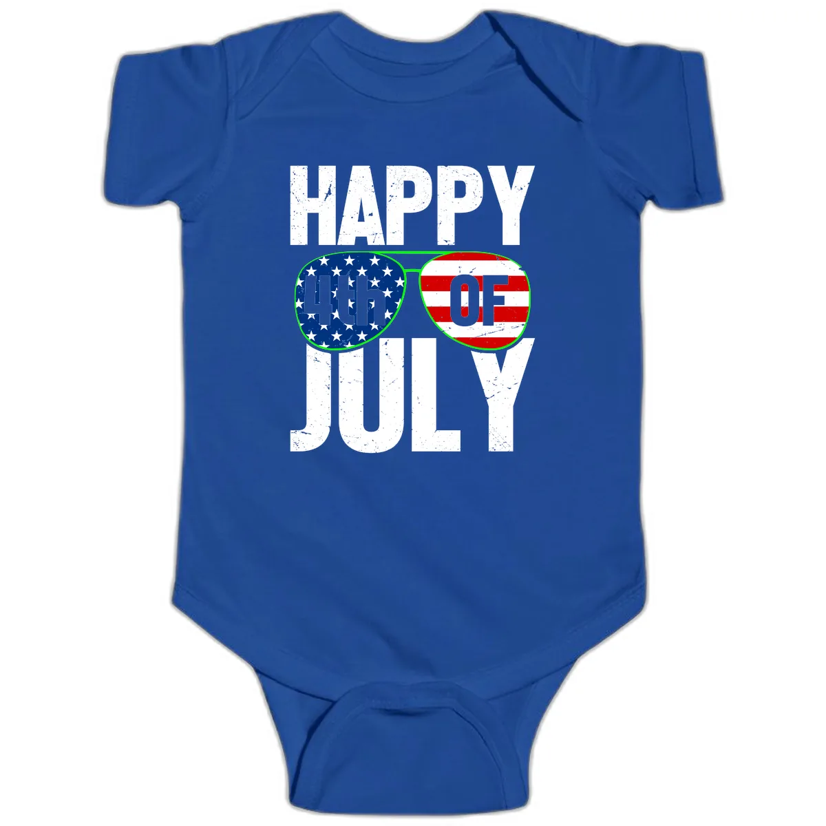 Happy Fourth Of July Sunglasses Flag Baby Onesie in Royal