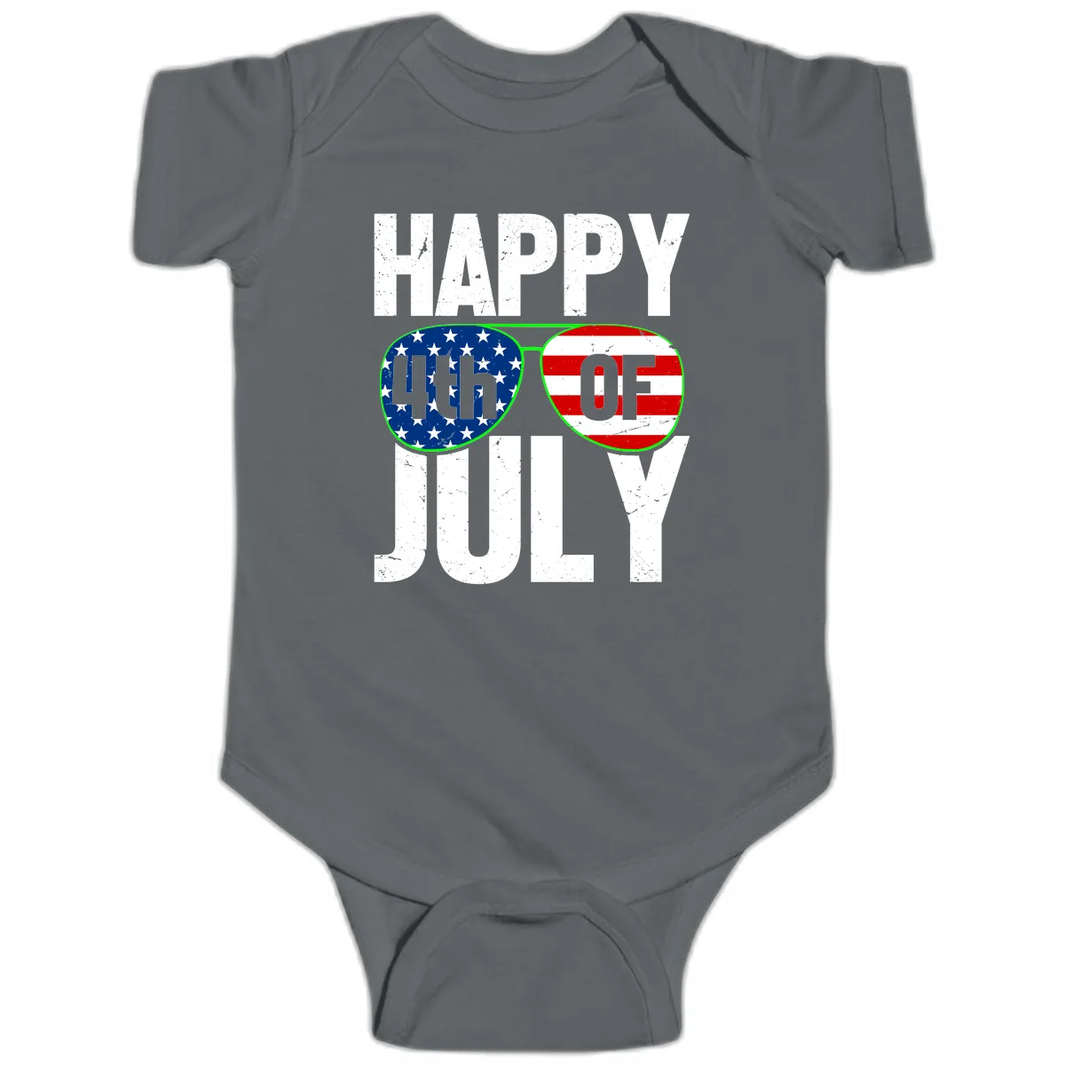 Happy Fourth Of July Sunglasses Flag Baby Onesie in Charcoal