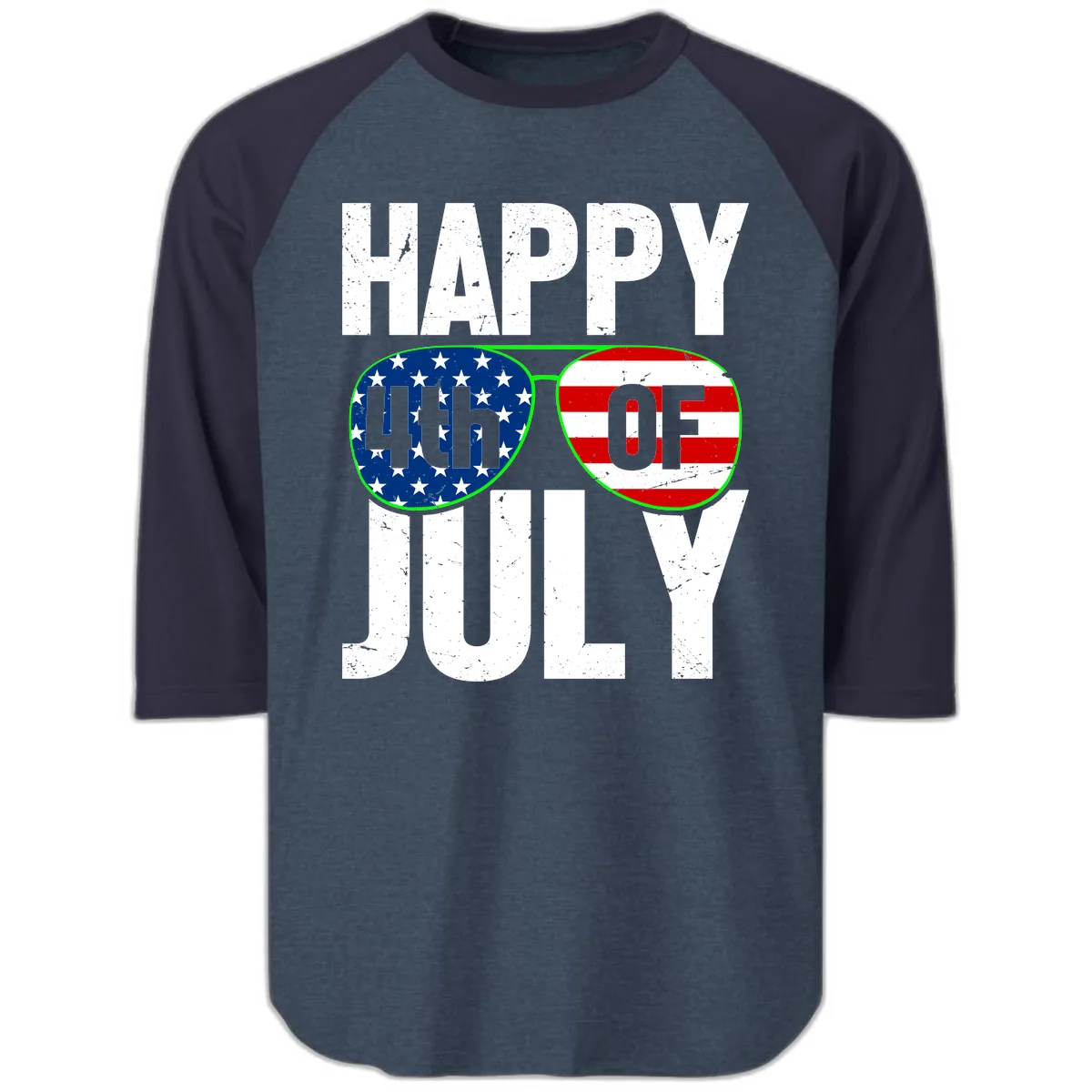 Happy Fourth Of July Sunglasses Flag Raglan 3/4 in Heather Denim Navy