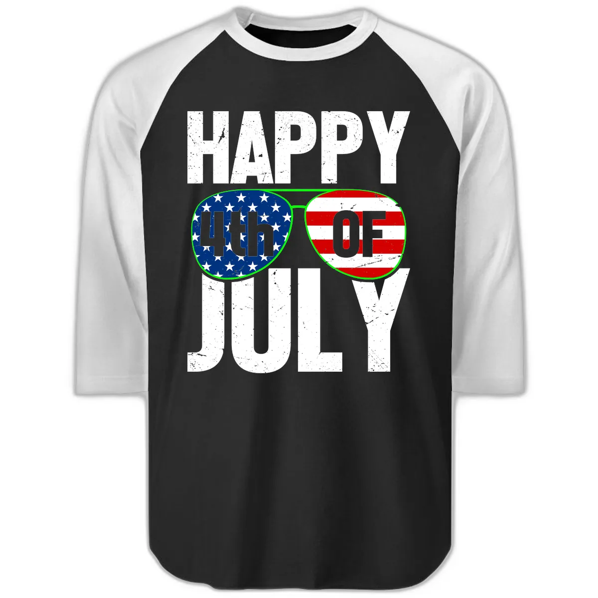 Happy Fourth Of July Sunglasses Flag Raglan 3/4 in Black White