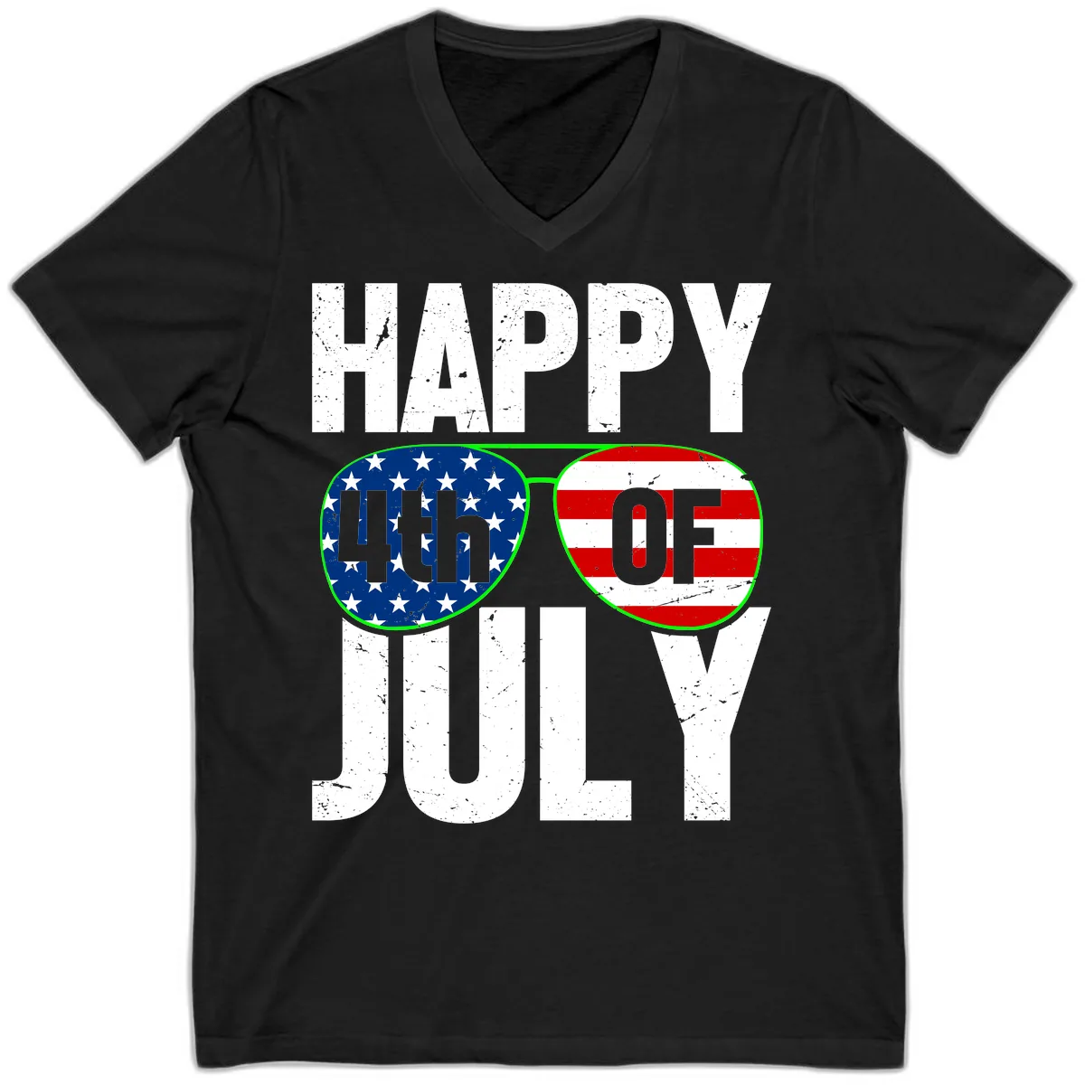 Happy Fourth Of July Sunglasses Flag V-Neck in Black