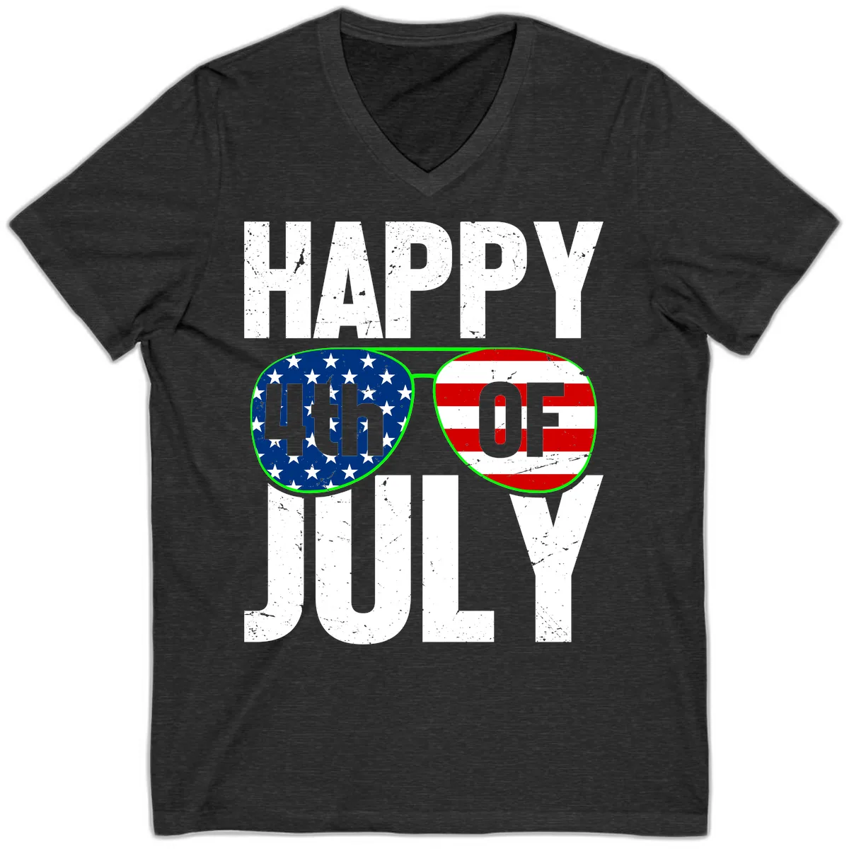 Happy Fourth Of July Sunglasses Flag V-Neck in Dark Grey Heather