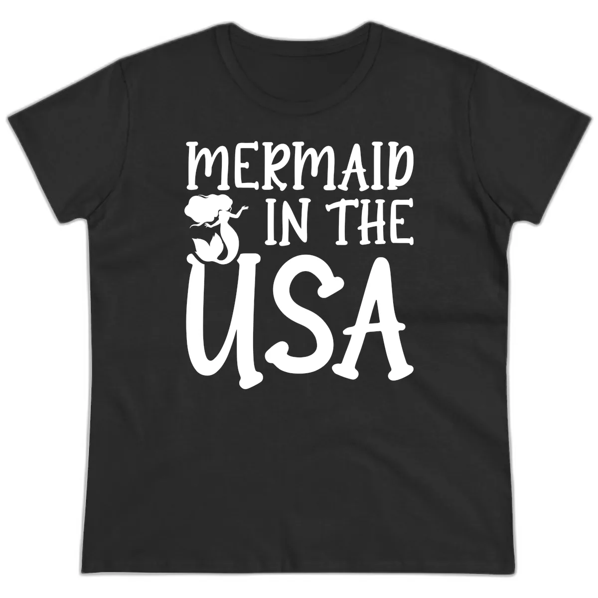 Patriotic Mermaid In The USA Summer Graphic Ladies Tee in Black