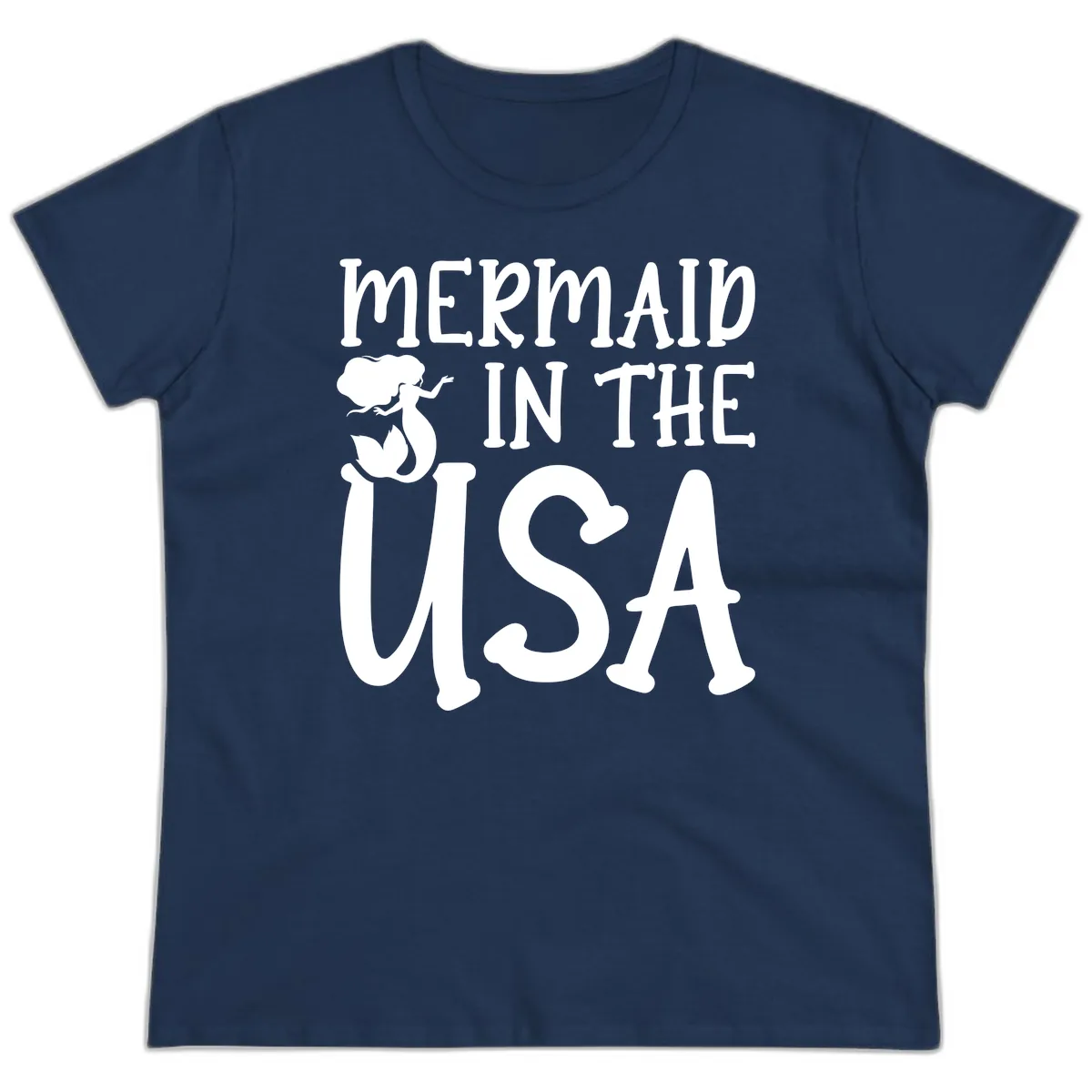 Patriotic Mermaid In The USA Summer Graphic Ladies Tee in Navy
