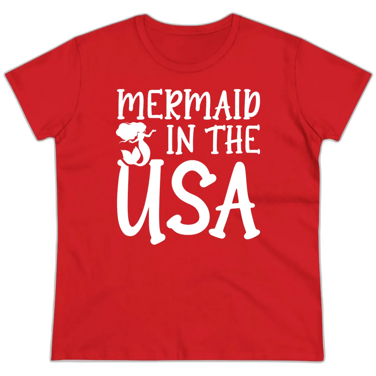 Patriotic Mermaid In The USA Summer Graphic Ladies Tee in Red