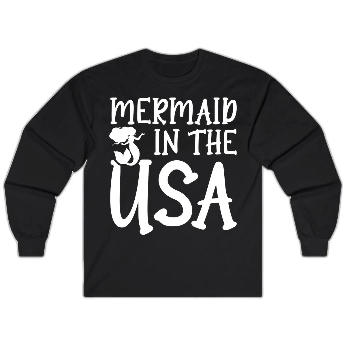 Patriotic Mermaid In The USA Summer Graphic Long Sleeve in Black