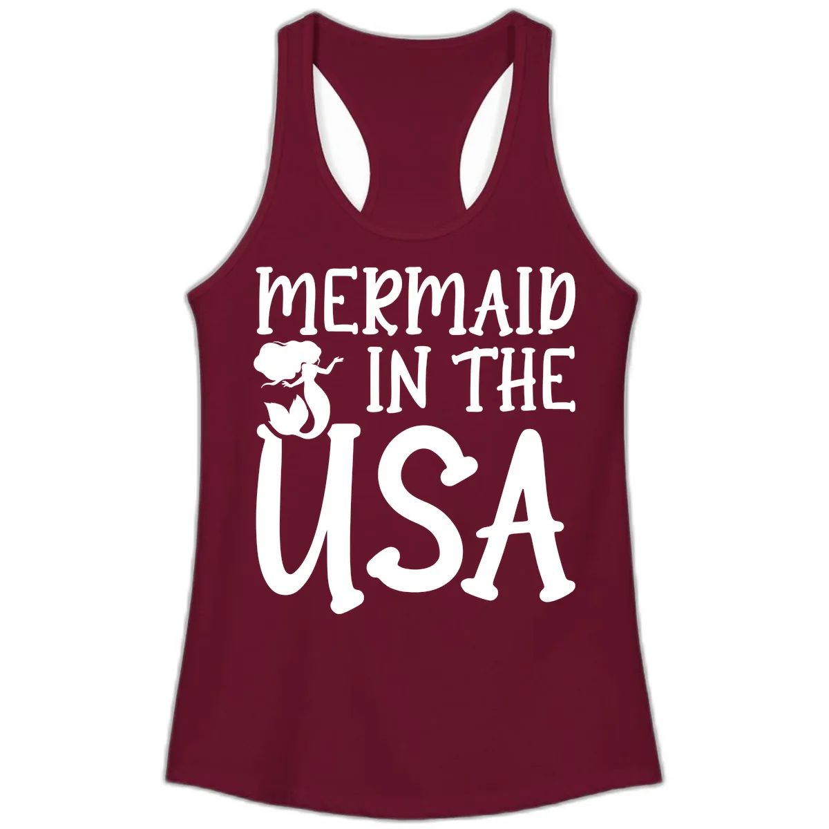 Patriotic Mermaid In The USA Summer Graphic Ladies Tank in Solid Cardinal Red