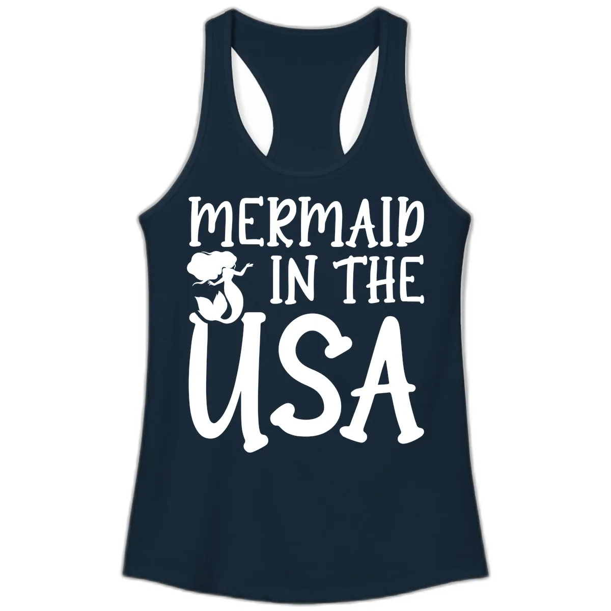 Patriotic Mermaid In The USA Summer Graphic Ladies Tank in Solid Midnight Navy