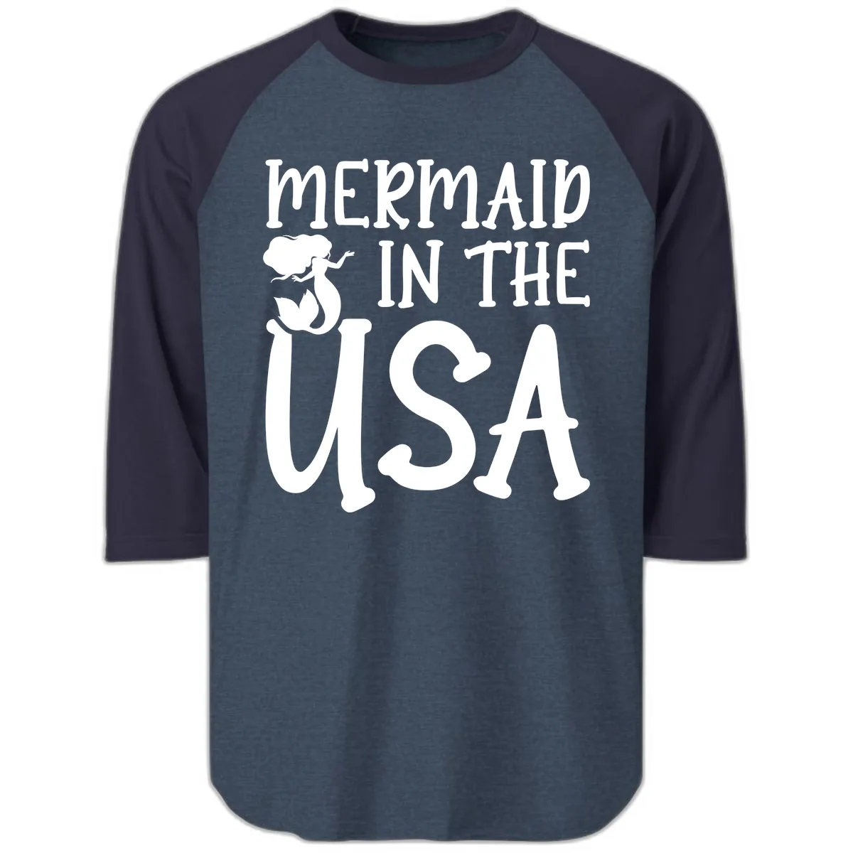 Patriotic Mermaid In The USA Summer Graphic Raglan 3/4 in Heather Denim Navy