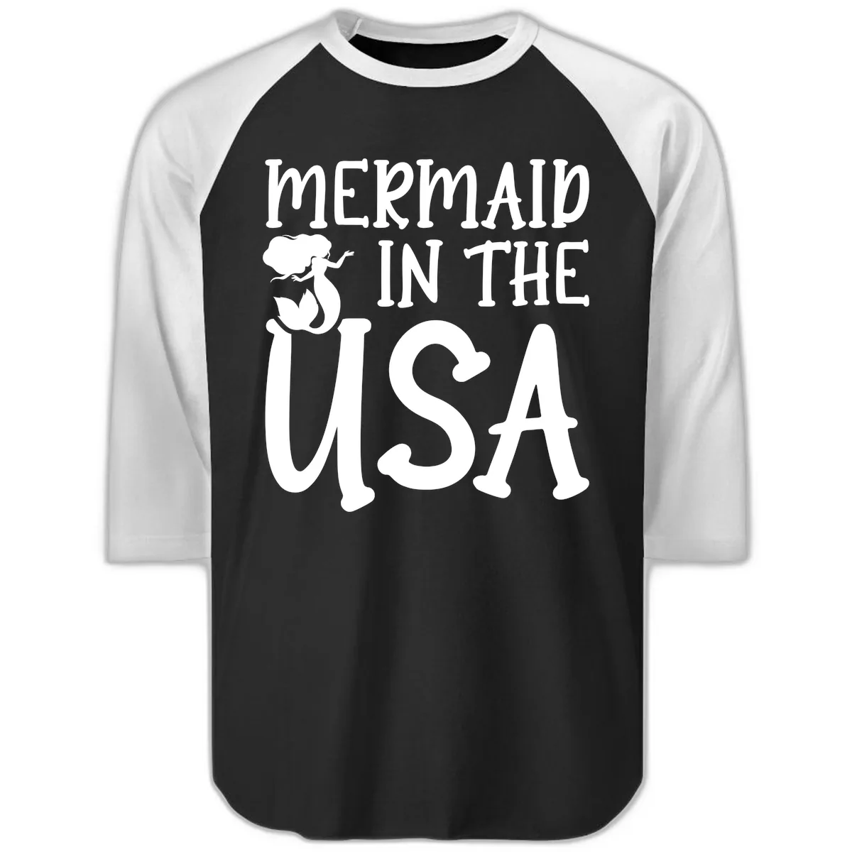 Patriotic Mermaid In The USA Summer Graphic Raglan 3/4 in Black White
