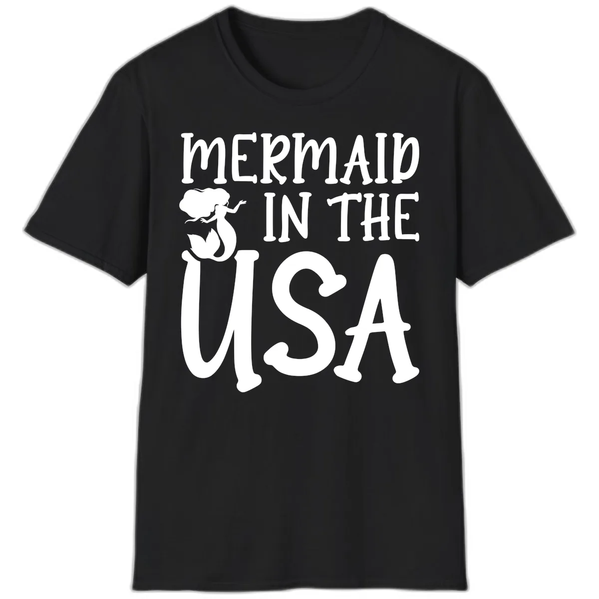 Patriotic Mermaid In The USA Summer Graphic T-Shirt in Black