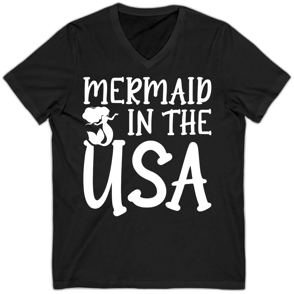 Patriotic Mermaid In The USA Summer Graphic V-Neck in Black