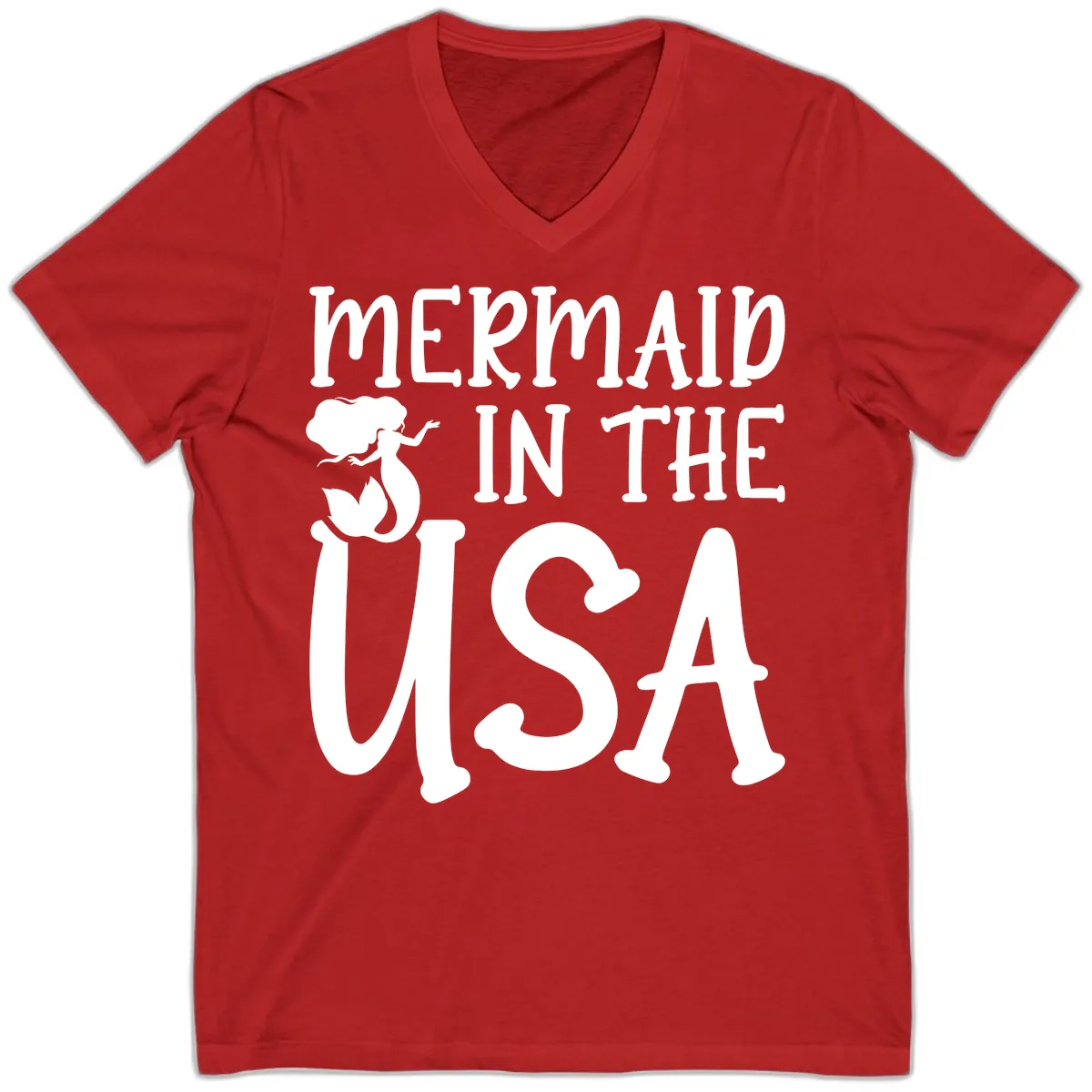 Patriotic Mermaid In The USA Summer Graphic V-Neck in Red
