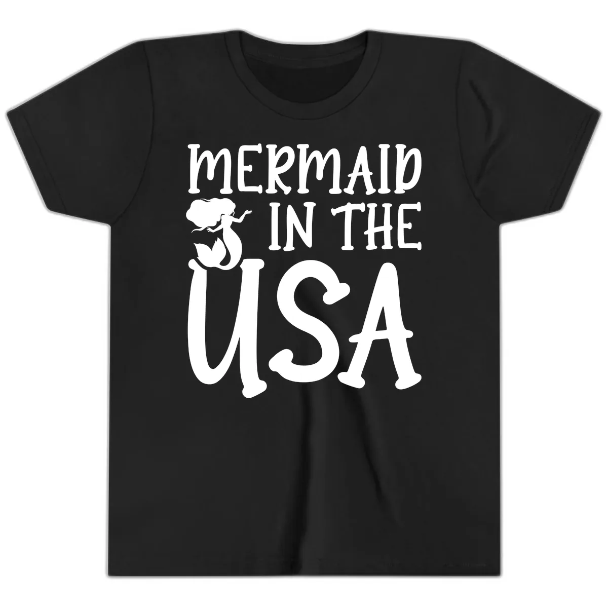 Patriotic Mermaid In The USA Summer Graphic Youth T-Shirt in Black