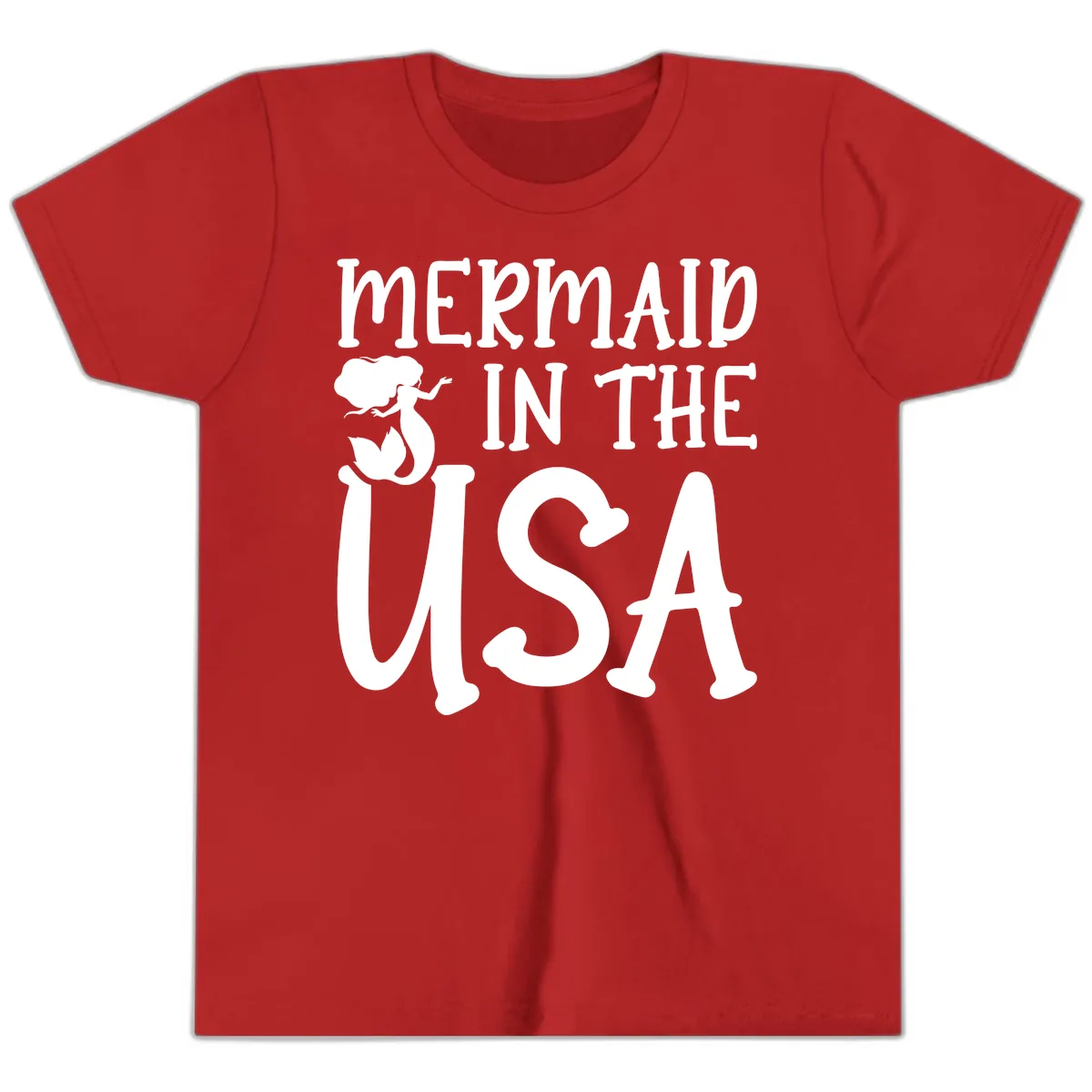 Patriotic Mermaid In The USA Summer Graphic Youth T-Shirt in Red