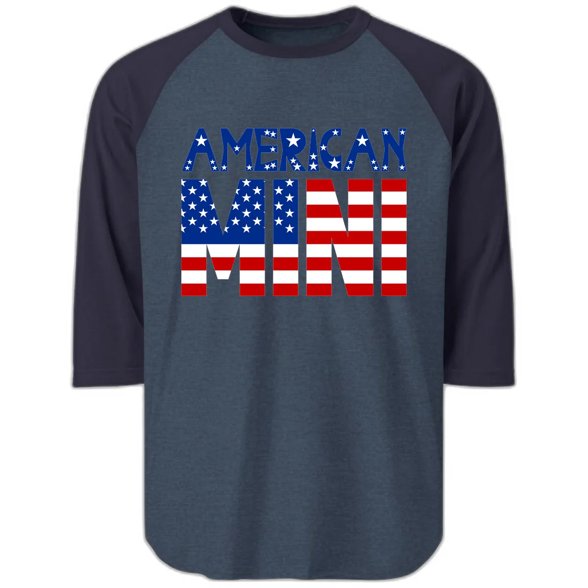 American Mini Flag Typography Design Raglan 3/4 in Heather Denim Navy