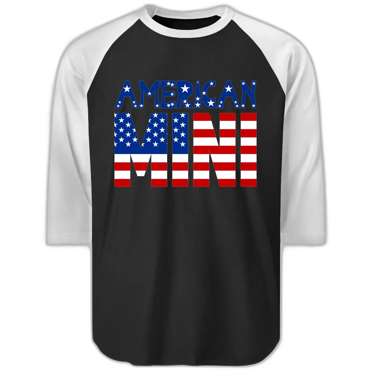 American Mini Flag Typography Design Raglan 3/4 in Black White