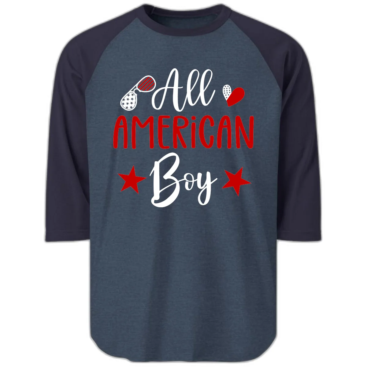 All American Boy Patriotic Fourth Of July Raglan 3/4 in Heather Denim Navy